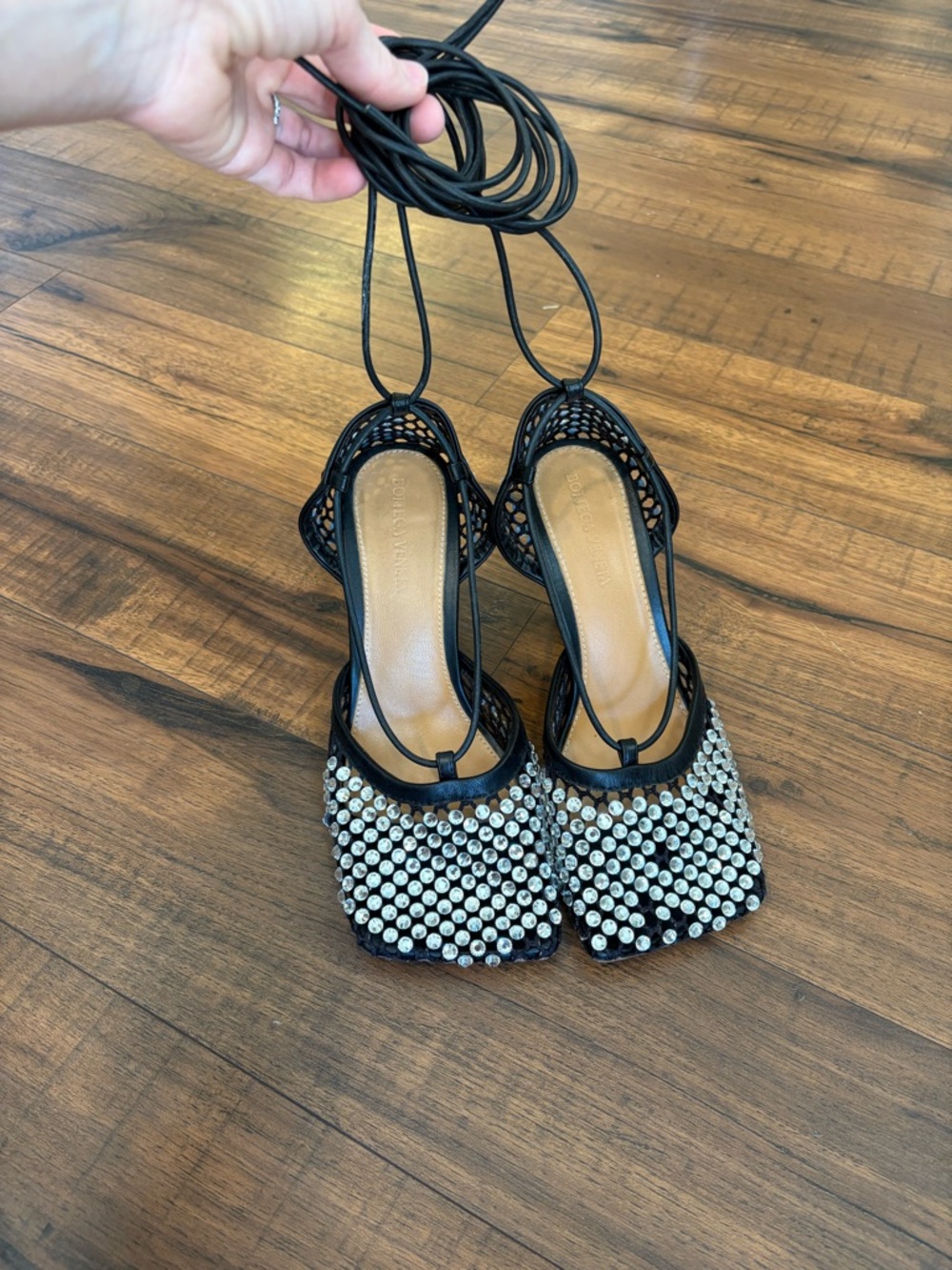 Women’s square toe black rhinestone sparkly lace up heels mesh size 39/ 8